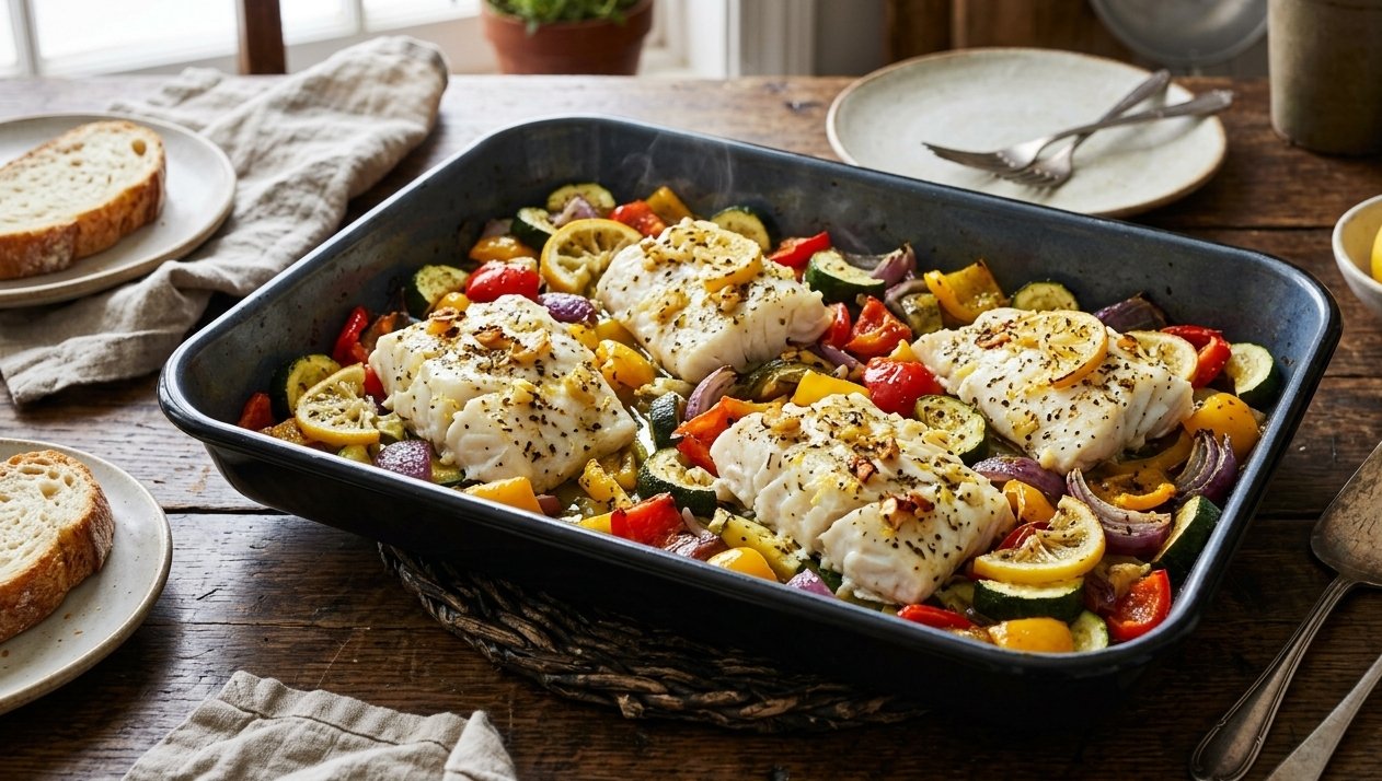 Garlic-Lemon Cod with Roasted Vegetables