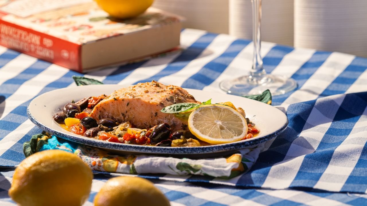 Mediterranean Baked Salmon with Tomatoes & Olives
